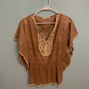 Second Skin Large Beige BOHO Blouse with Butterfly Sleeves, and Lace Trim